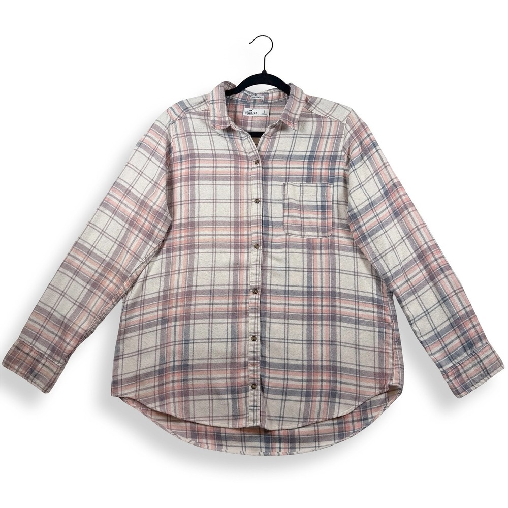 Hollister Women's Pink Gray Plaid Flannel Boyfriend Button Down Shirt L Y2K